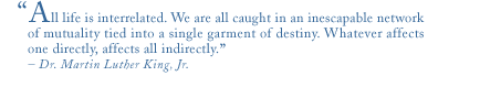 all life is interrelated. we are all caught in an inescapable network of mutuality tied into a single garment of destiny. whatever affects one directly, affects all indirectly. - dr. martin luther kind jr.